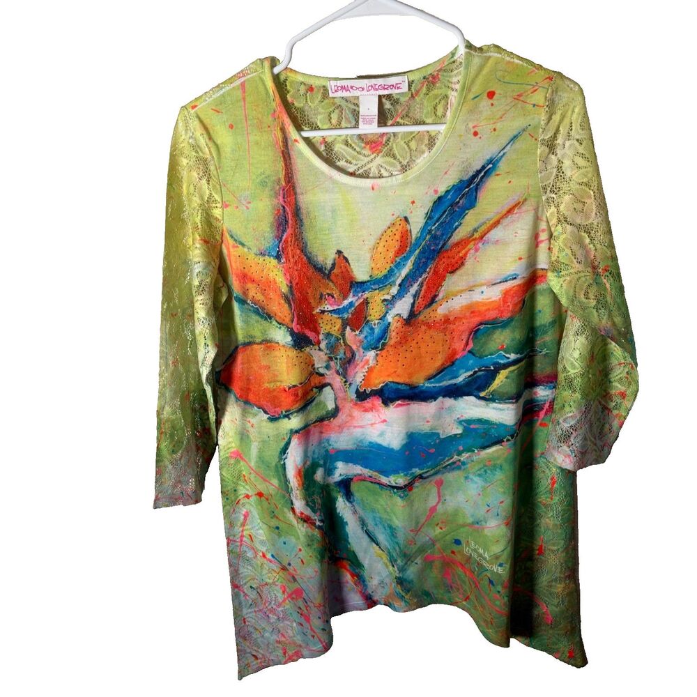 Lemona Lovegrove T-Shirt Women's Small Lace Floral 3/4 Sleeve Sheer Top Colorful